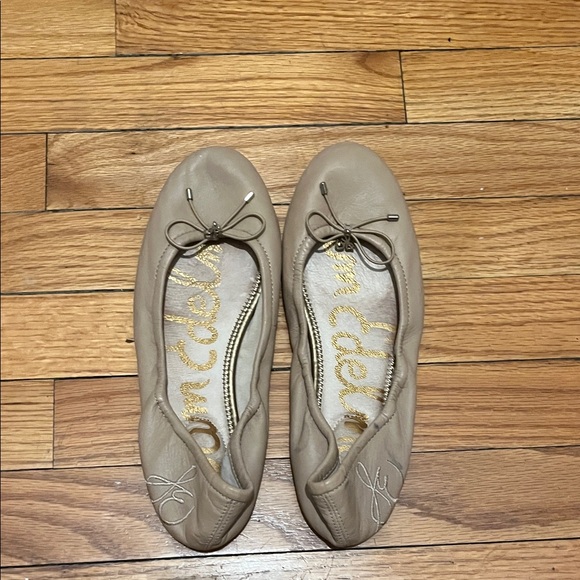 SAM EDELMAN Felicia bow logo beige tan leather flat ballerina shoes - Picture 4 of 8